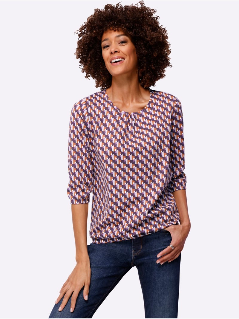 T-shirt à Manches 3/4 Pur Coton - Taille Standard - Moda Vilona Violet aubergine - Kiabi