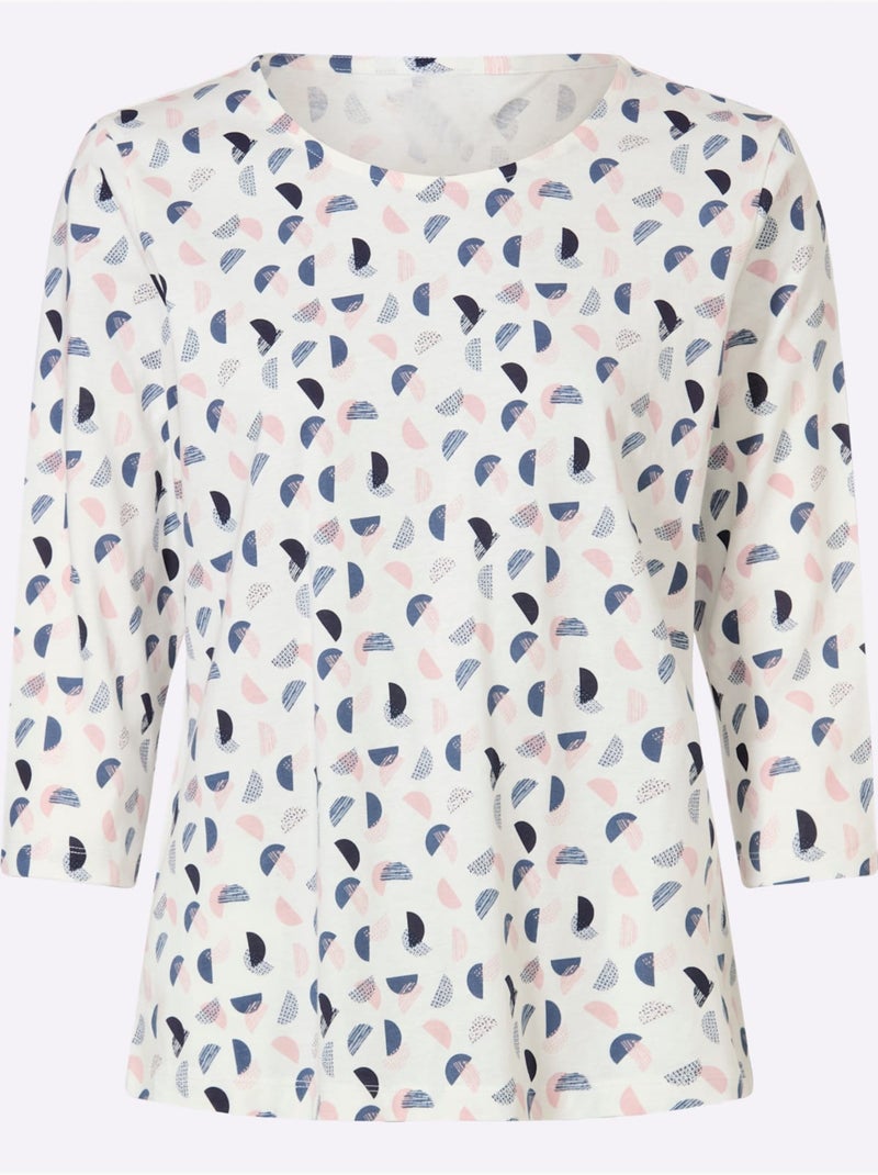 T-shirt à Manches 3/4 Pur Coton - Taille Standard - Witt Écru/Violet - Kiabi
