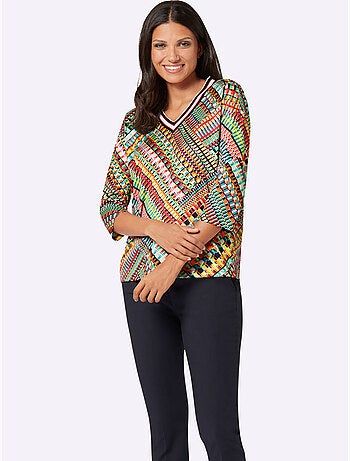 T-shirt à Manches 3/4 Ruban Rayé Sportif - Taille Standard - Moda Vilona