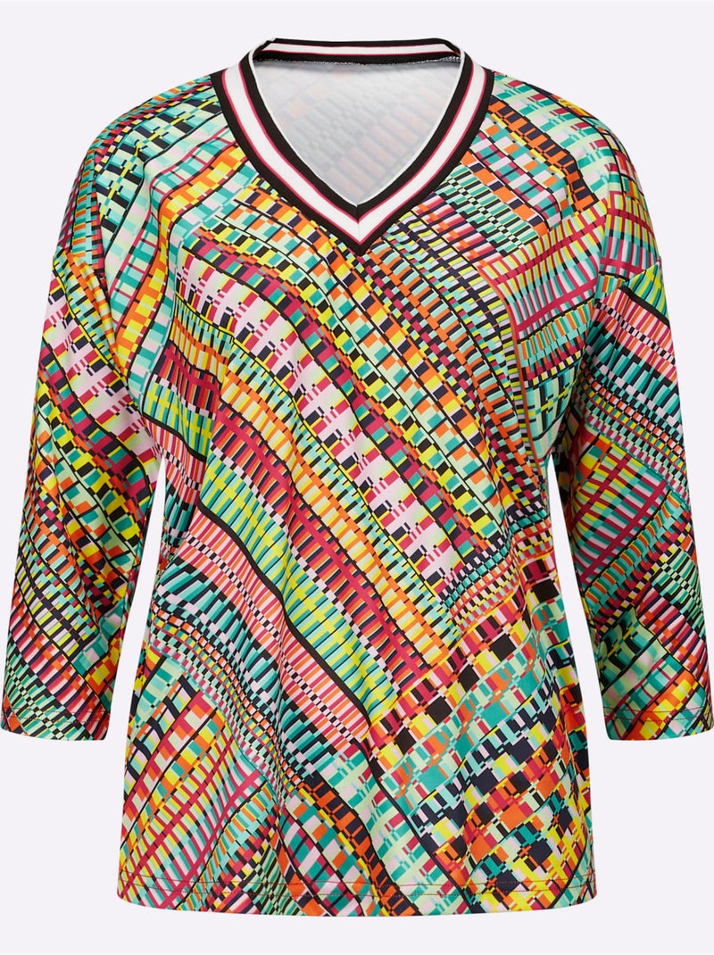 T-shirt à Manches 3/4 Ruban Rayé Sportif - Taille Standard - Moda Vilona Violet/Vert/Rose - Kiabi
