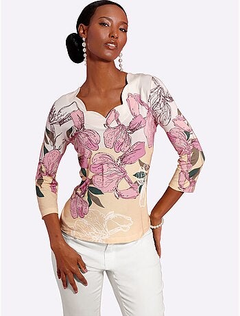 T-shirt à Manches 3/4 Superbe Motif Floral - Taille Standard - Helline