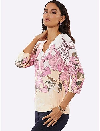T-shirt à Manches 3/4 Superbe Motif Floral - Taille Standard - Helline