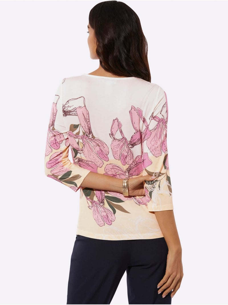 T-shirt à Manches 3/4 Superbe Motif Floral - Taille Standard - Helline Beige/Vert - Kiabi
