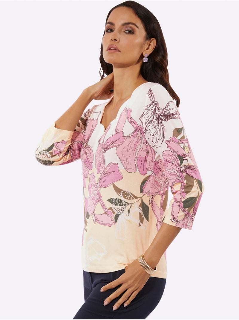 T-shirt à Manches 3/4 Superbe Motif Floral - Taille Standard - Helline Beige/Vert - Kiabi