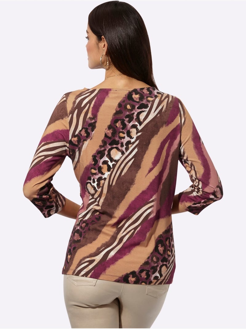 T-shirt à Manches 3/4 Superposition Moderne - Taille Standard - Helline Marron/Rose - Kiabi
