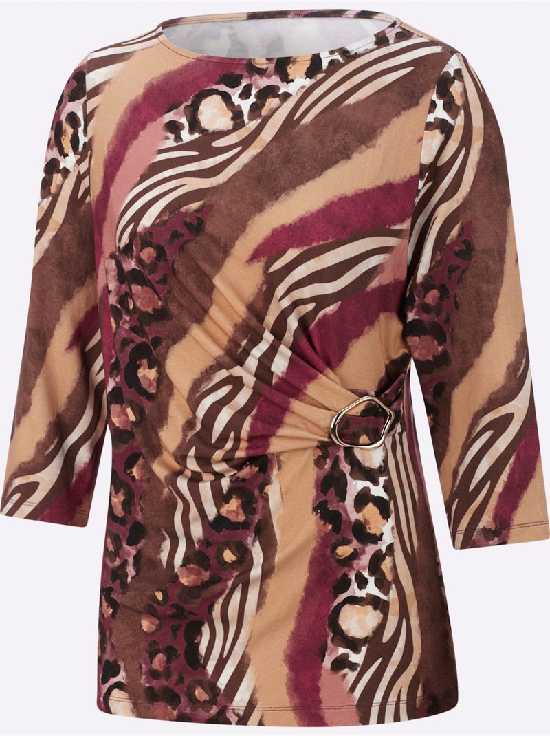 T-shirt à Manches 3/4 Superposition Moderne - Taille Standard - Helline Marron/Rose - Kiabi