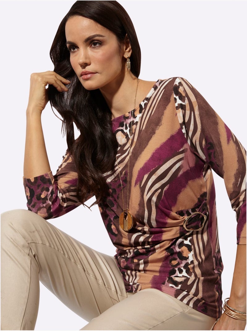 T-shirt à Manches 3/4 Superposition Moderne - Taille Standard - Helline Marron/Rose - Kiabi