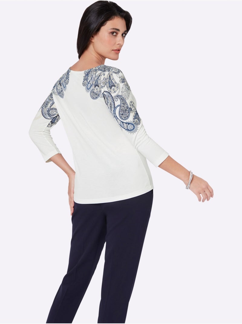 T-shirt à Manches 3/4 Viscose - Taille Standard - Helline Bleu Bleu marine Blanc - Kiabi