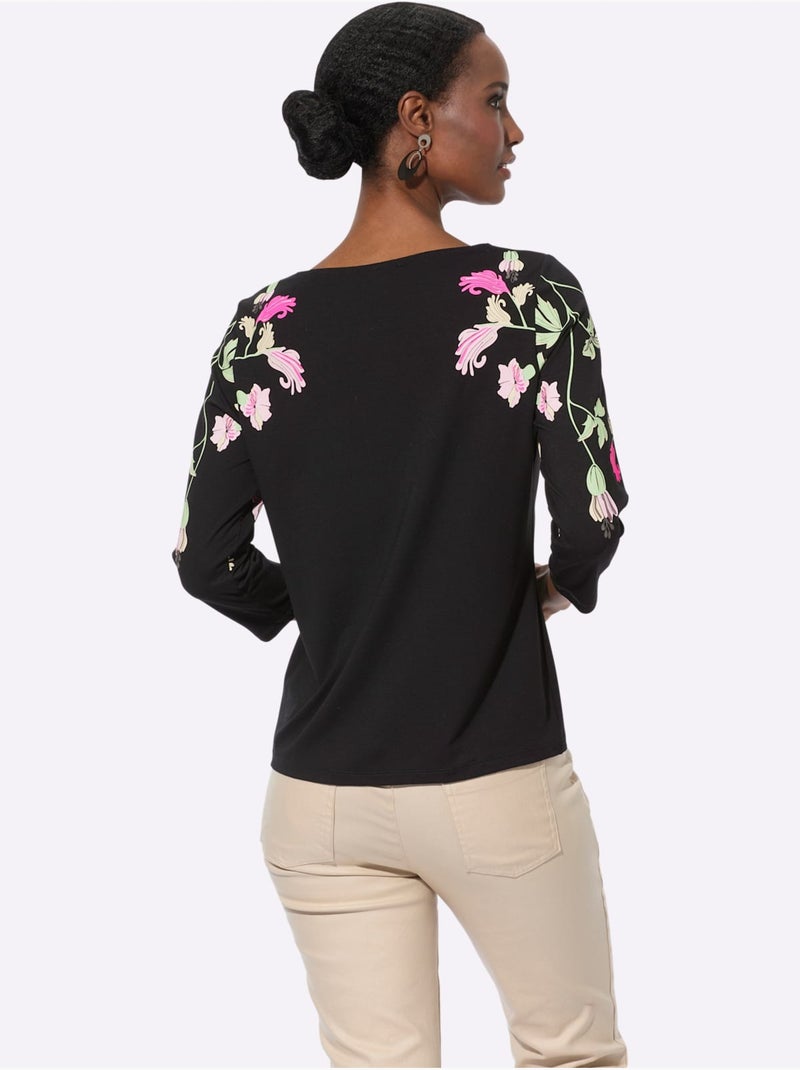 T-shirt à Manches 3/4 Viscose - Taille Standard - Helline Noir Violet - Kiabi