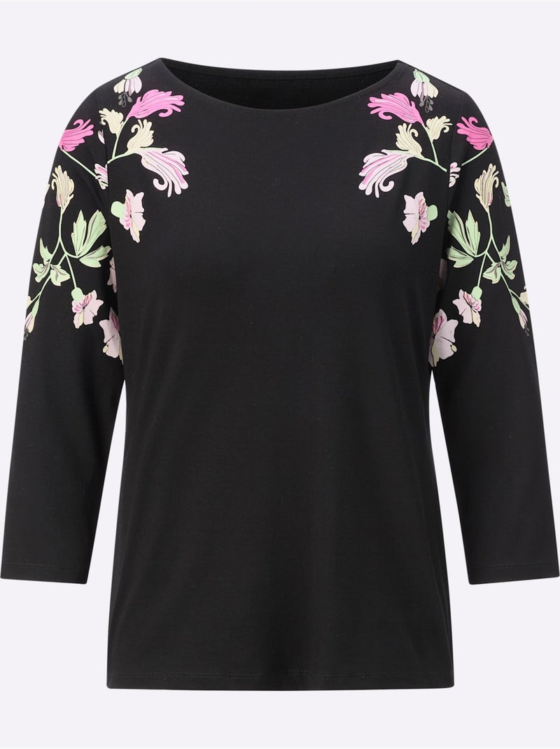 T-shirt à Manches 3/4 Viscose - Taille Standard - Helline Noir Violet - Kiabi
