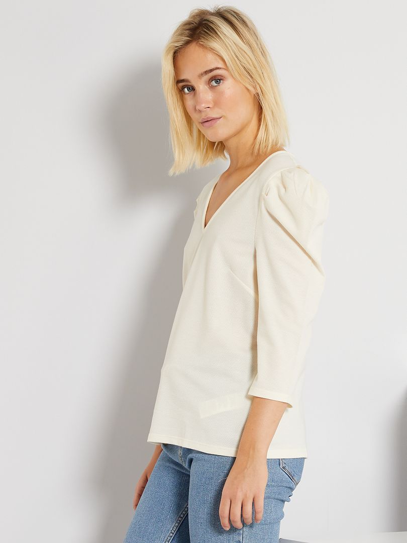 Chemisier Court Ella Moss Manches Bouffantes - Taille XS, Beige, Dentelle Transparente
