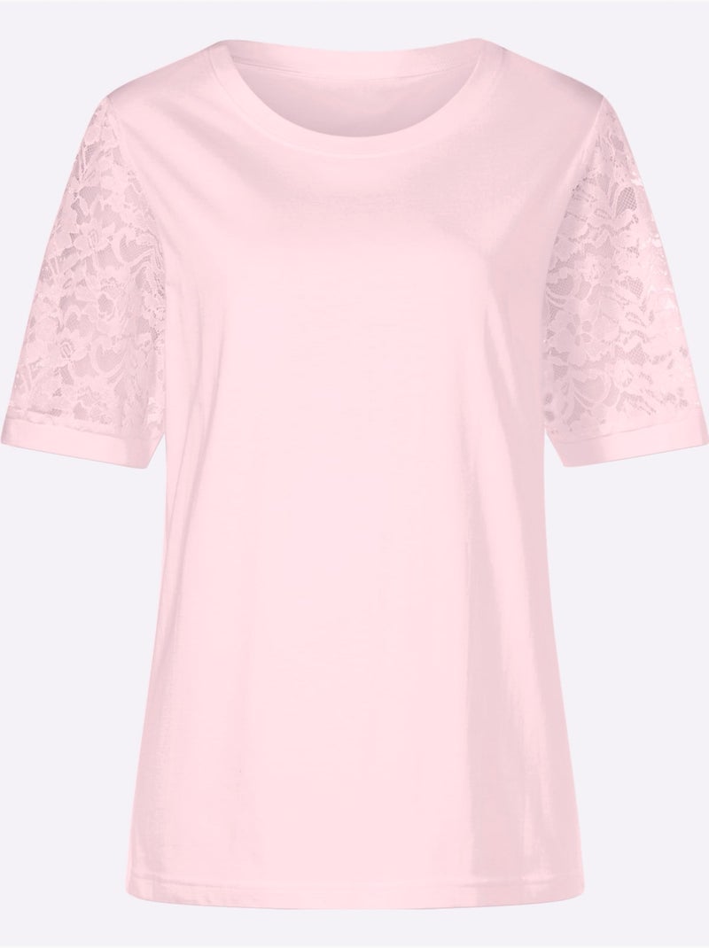 T-shirt à manches bouffantes en dentelle florale et jersey - Taille standard - Moda Vilona Rose clair - Kiabi
