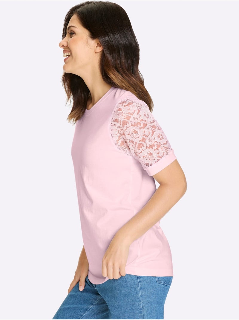 T-shirt à manches bouffantes en dentelle florale et jersey - Taille standard - Moda Vilona Rose clair - Kiabi