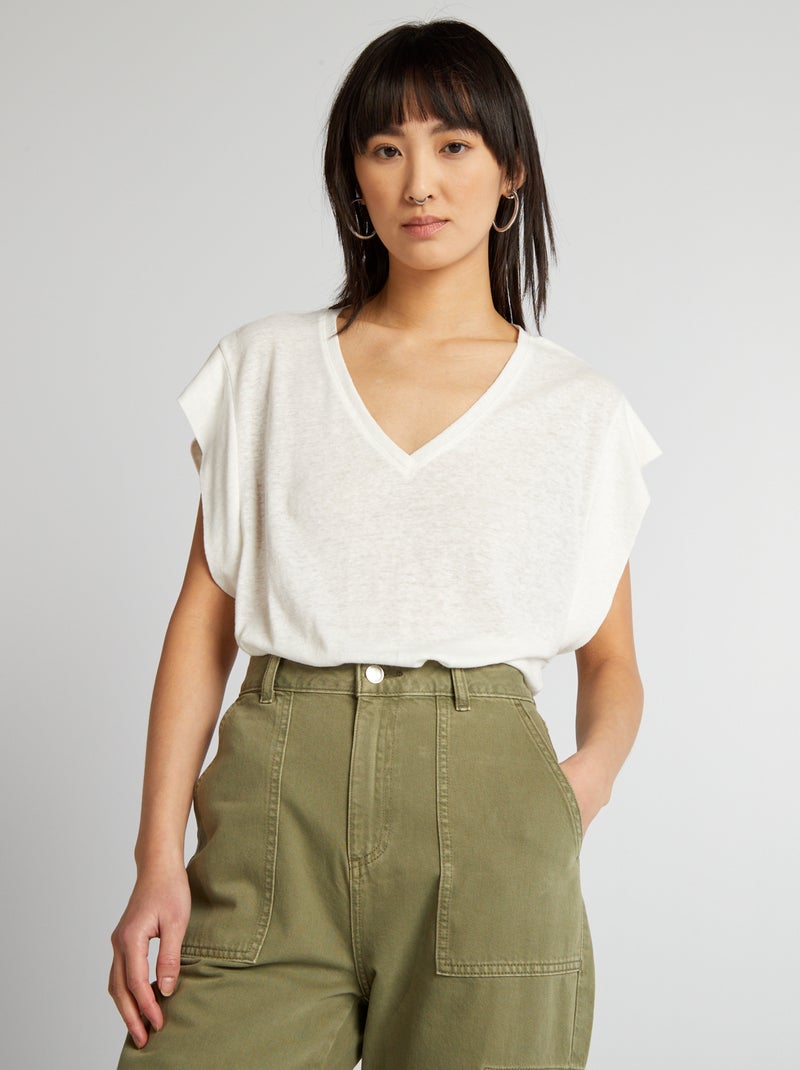 T-shirt à manches chauve-souris avec lin blanc - Kiabi