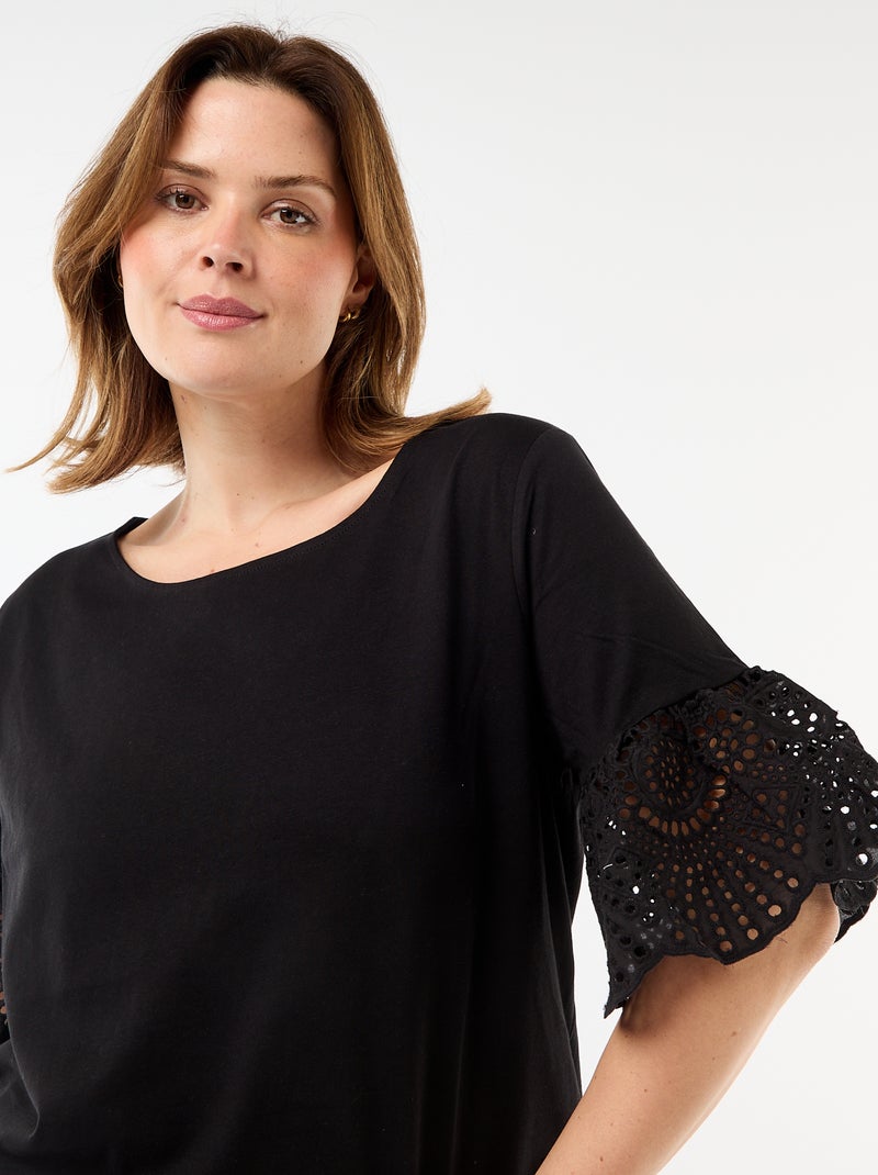 T-shirt à manches courte en macramé Noir - Kiabi