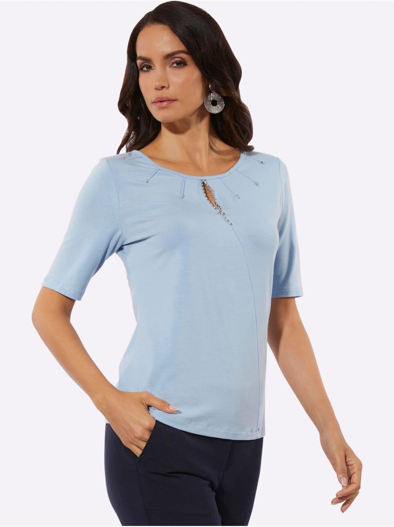 T-shirt à Manches Courtes 95% Lyocell (tencel) - Taille Standard - Helline Bleu ciel - Kiabi
