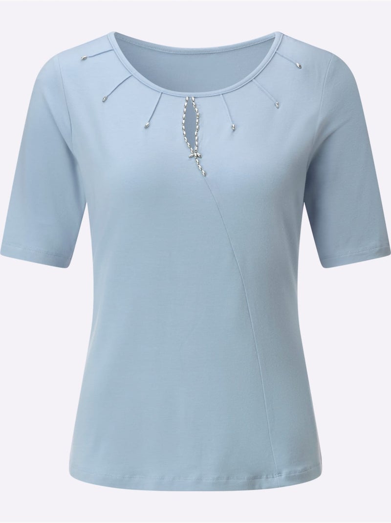 T-shirt à Manches Courtes 95% Lyocell (tencel) - Taille Standard - Helline Bleu ciel - Kiabi