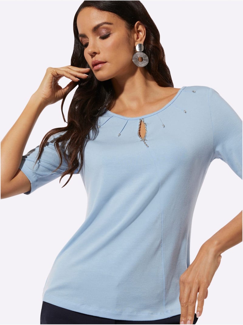 T-shirt à Manches Courtes 95% Lyocell (tencel) - Taille Standard - Helline Bleu ciel - Kiabi