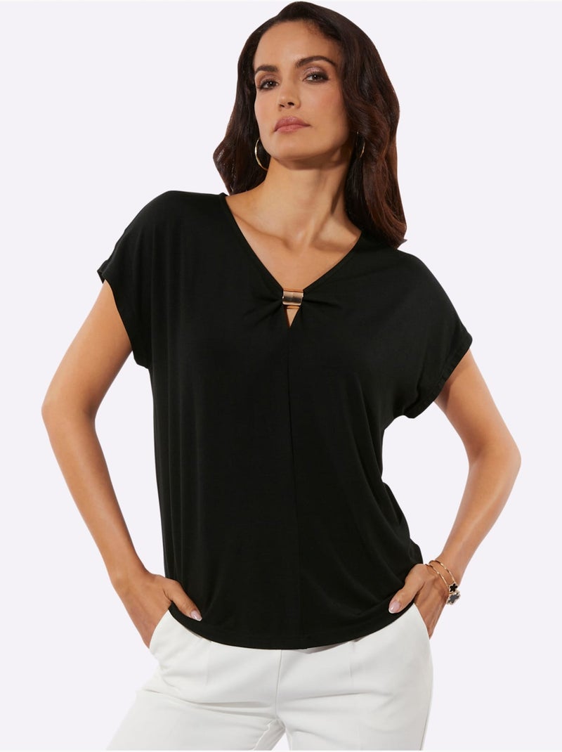 T-shirt à Manches Courtes 95% Modal - Taille Standard - Helline Noir - Kiabi