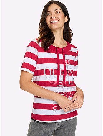T-shirt à manches courtes avec col rond et inscription brillante - Taille standard - Moda Vilona