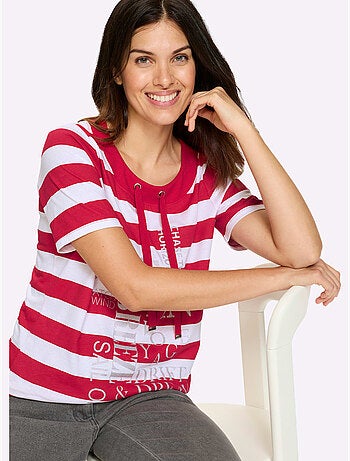 T-shirt à manches courtes avec col rond et inscription brillante - Taille standard - Moda Vilona