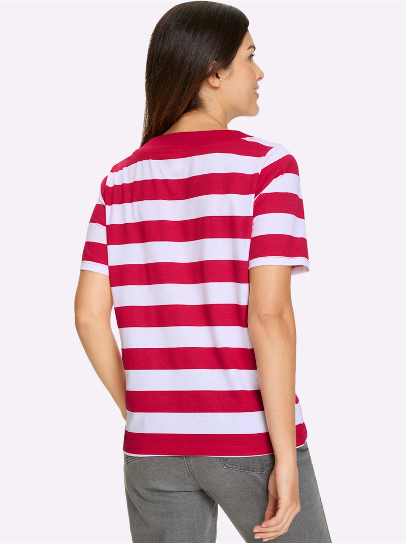T-shirt à manches courtes à rayures avec inscription et lien à nouer - Taille standard - Moda Vilona Blanc Rouge - Kiabi