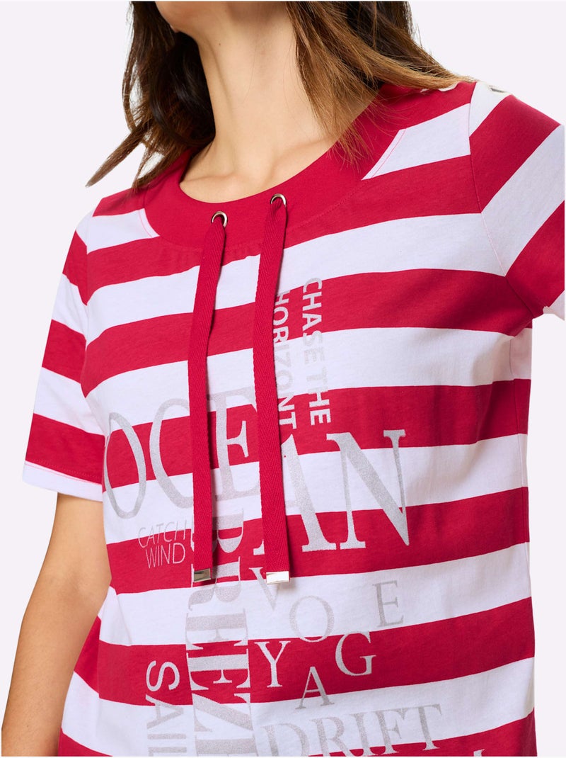 T-shirt à manches courtes à rayures avec inscription et lien à nouer - Taille standard - Moda Vilona Blanc Rouge - Kiabi