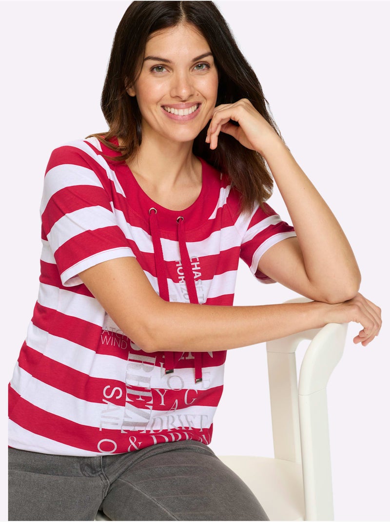 T-shirt à manches courtes à rayures avec inscription et lien à nouer - Taille standard - Moda Vilona Blanc Rouge - Kiabi