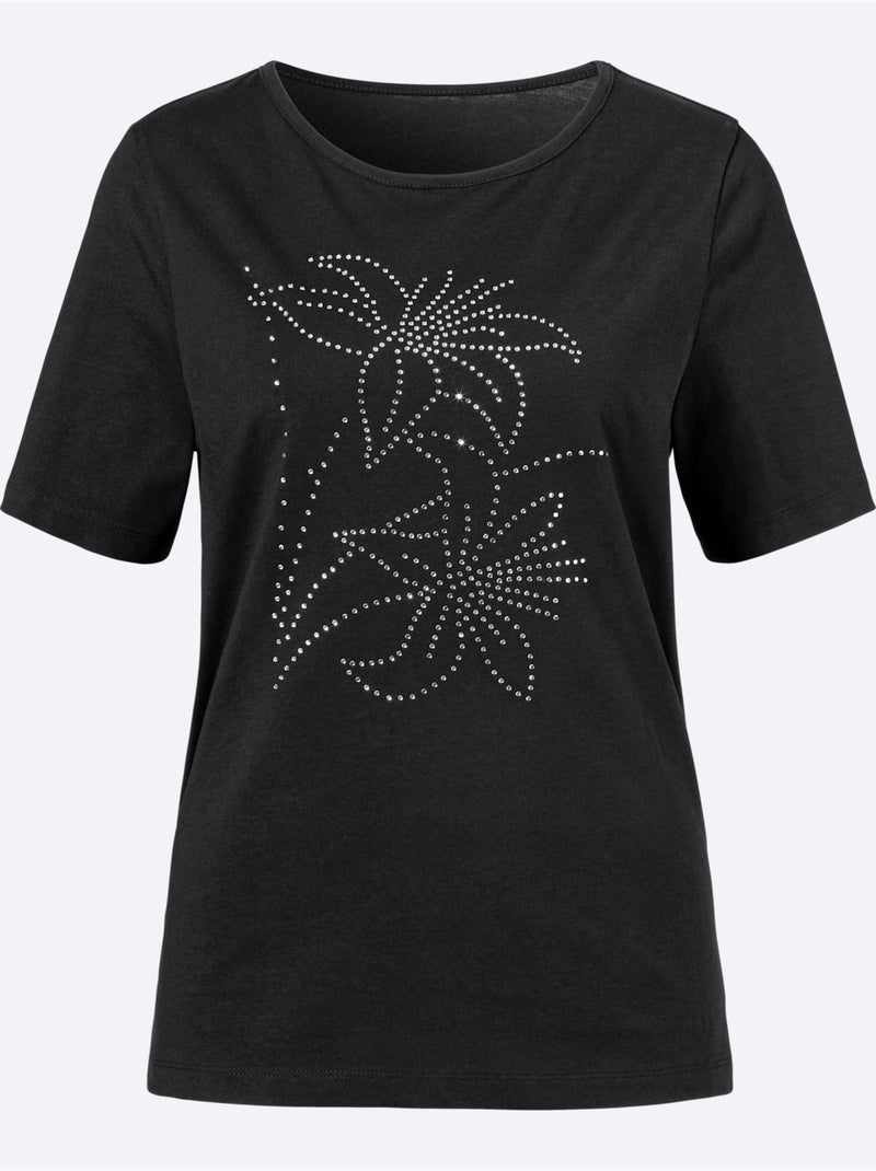 T-shirt à Manches Courtes Applications Florales - Taille Standard - Moda Vilona Noir - Kiabi