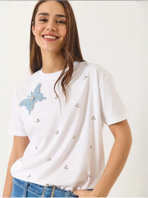 T-shirt à manches courtes avec accessoires papillon et ornements en pierre lucci - Kiabi