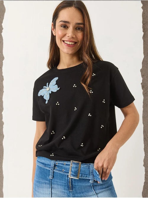 T-shirt à manches courtes avec accessoires papillon et ornements en pierre lucci - Kiabi