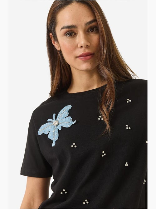 T-shirt à manches courtes avec accessoires papillon et ornements en pierre lucci - Kiabi