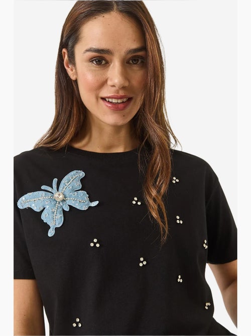 T-shirt à manches courtes avec accessoires papillon et ornements en pierre lucci - Kiabi