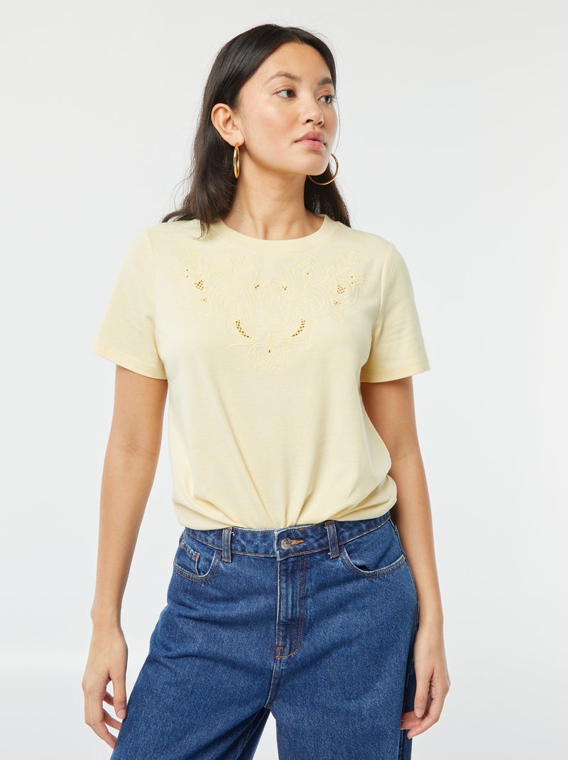 T-shirt à manches courtes avec broderies fantaisies Jaune clair - Kiabi