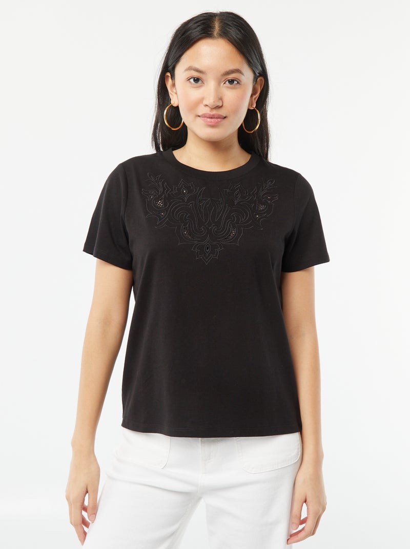 T-shirt à manches courtes avec broderies fantaisies Noir - Kiabi