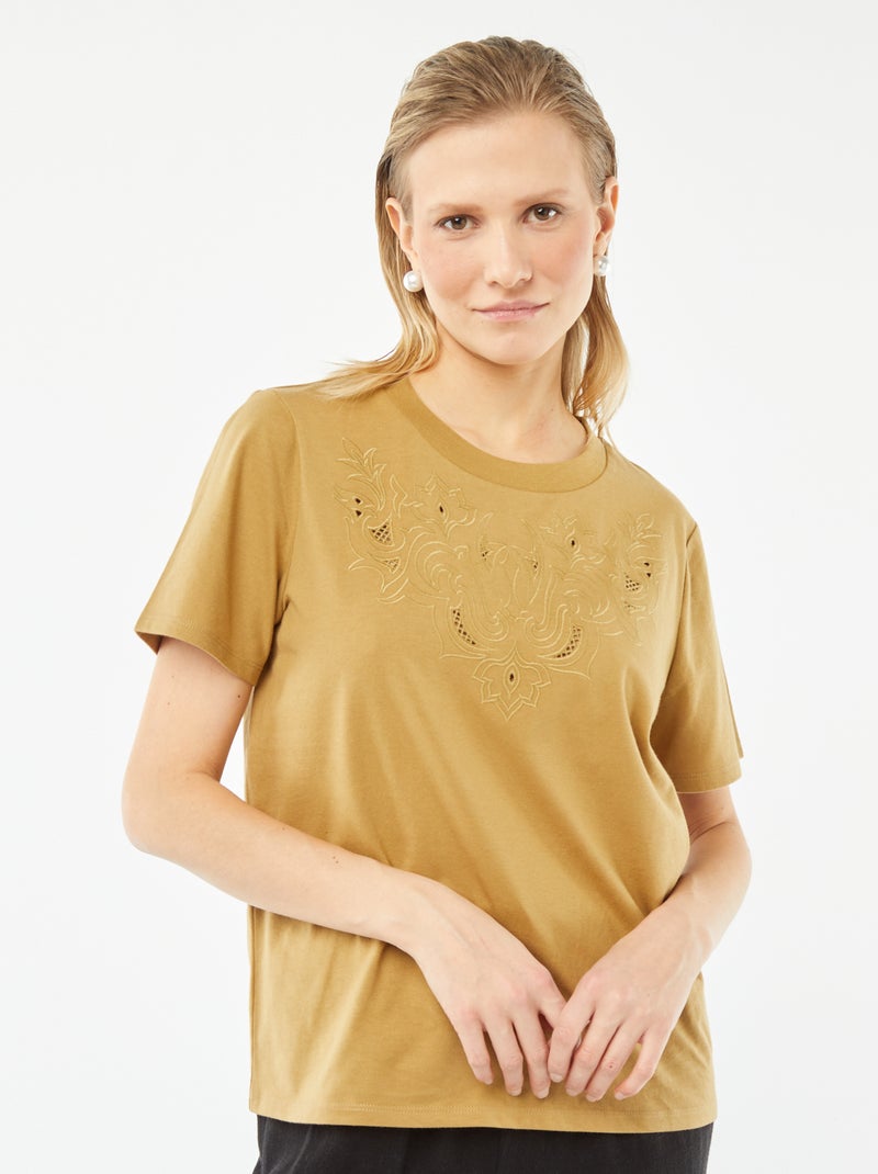 T-shirt à manches courtes avec broderies fantaisies Vert bronze - Kiabi