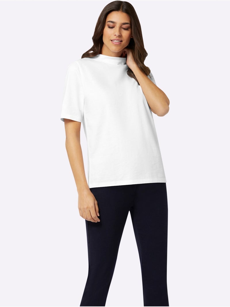 T-shirt à manches courtes avec col corolle en jersey coton - Taille standard - Moda Vilona Ecru - Kiabi