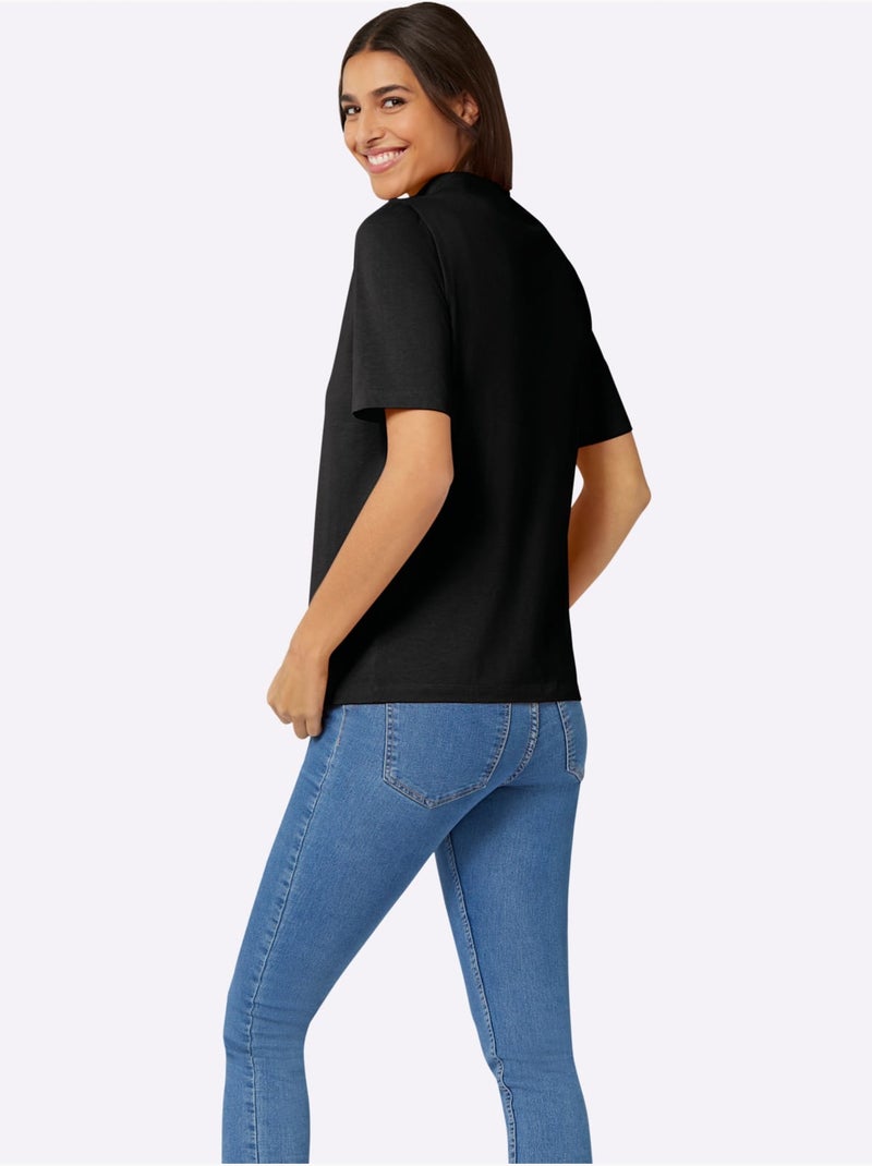 T-shirt à manches courtes avec col corolle en jersey coton - Taille standard - Moda Vilona Noir - Kiabi