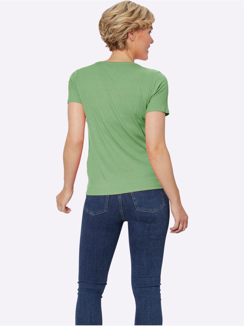 T-shirt à manches courtes avec col en V et boutonnière décorative - Taille standard - Witt Vert clair - Kiabi