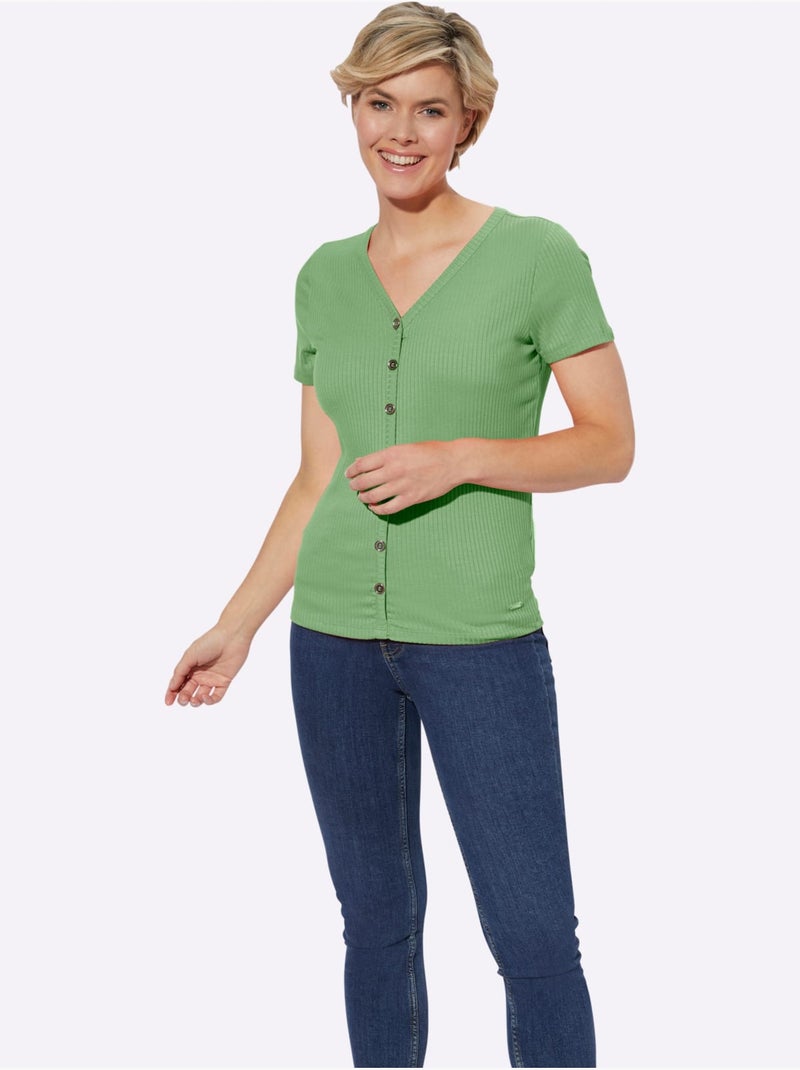 T-shirt à manches courtes avec col en V et boutonnière décorative - Taille standard - Witt Vert clair - Kiabi