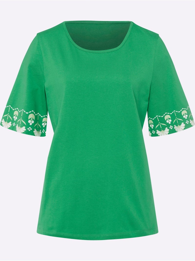 T-shirt à manches courtes avec col rond et bordures imprimées - Taille standard - Moda Vilona Blanc Vert - Kiabi
