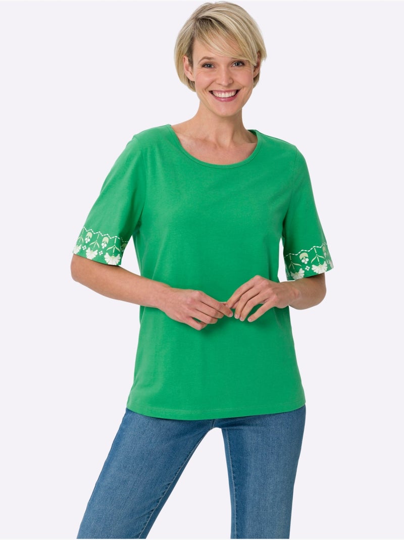 T-shirt à manches courtes avec col rond et bordures imprimées - Taille standard - Moda Vilona Blanc Vert - Kiabi