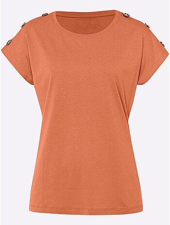 T-shirt à manches courtes avec col rond et boutons imitation corne - Taille standard - Moda Vilona