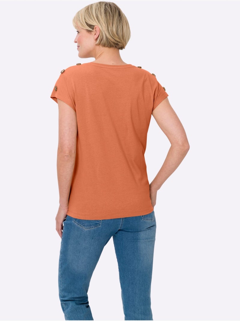 T-shirt à manches courtes avec col rond et boutons imitation corne - Taille standard - Moda Vilona Orange - Kiabi