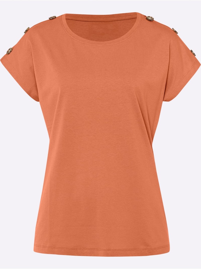 T-shirt à manches courtes avec col rond et boutons imitation corne - Taille standard - Moda Vilona Orange - Kiabi