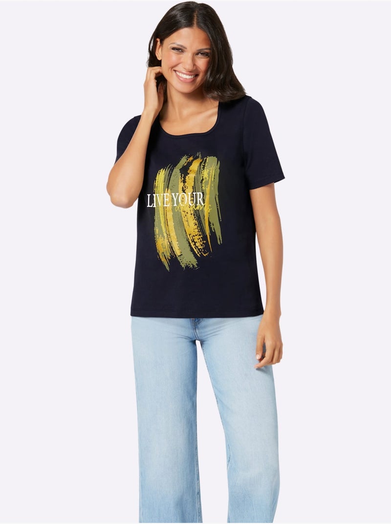 T-shirt à manches courtes avec col rond et imprimé brillant - Taille standard - Moda Vilona Noir Vert - Kiabi
