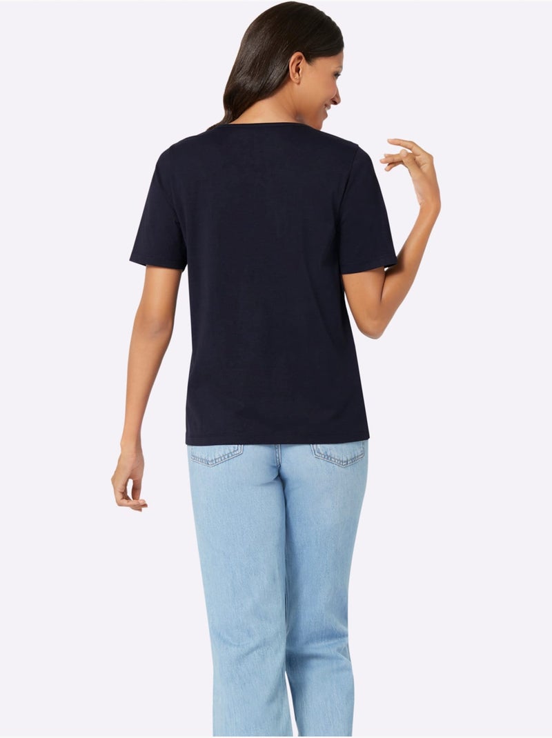 T-shirt à manches courtes avec col rond et imprimé brillant - Taille standard - Moda Vilona Noir Vert - Kiabi