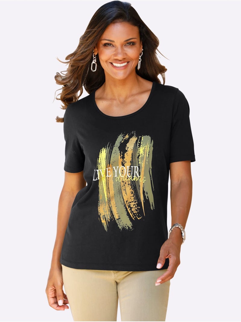 T-shirt à manches courtes avec col rond et imprimé brillant - Taille standard - Moda Vilona Noir Vert - Kiabi