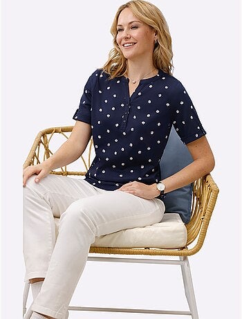 T-shirt à manches courtes avec col rond et imprimé marin à pois - Taille standard - Moda Vilona