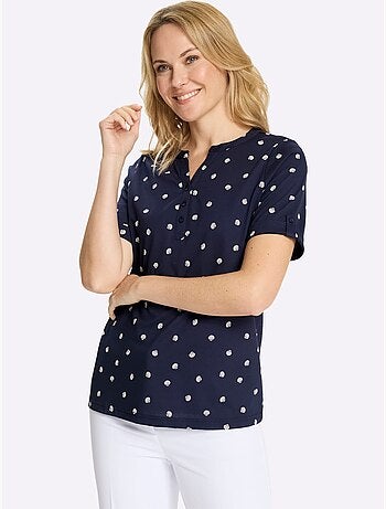 T-shirt à manches courtes avec col rond et imprimé marin à pois - Taille standard - Moda Vilona